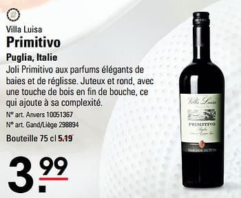 Promoties Villa luisa primitivo puglia, italie - Rode wijnen - Geldig van 25/04/2024 tot 13/05/2024 bij Sligro