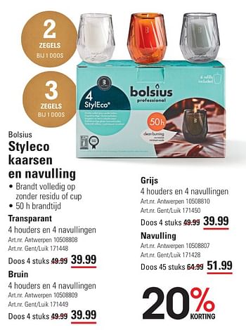Promoties Styleco kaarsen en navulling transparant - Bolsius - Geldig van 25/04/2024 tot 13/05/2024 bij Sligro