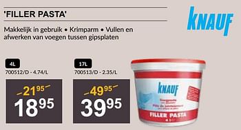 Promoties Filler pasta - Knauf - Geldig van 25/04/2024 tot 19/05/2024 bij HandyHome