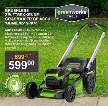 Promoties Greenworks brushless zelftrekkende grasmaaier op accu gd60lm51spk4 - Greenworks - Geldig van 25/04/2024 tot 19/05/2024 bij HandyHome