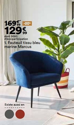 Promotions Fauteuil tissu bleu marine marcus - Produit Maison - But - Valide de 23/04/2024 à 20/05/2024 chez But
