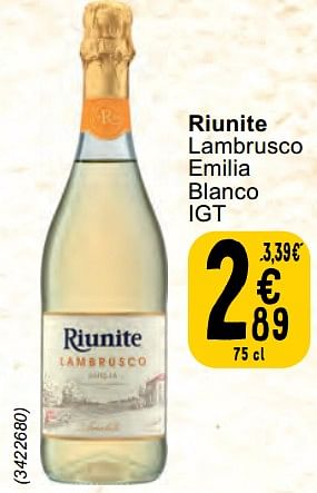 Promotions Riunite lambrusco emilia blanco - Mousseux - Valide de 30/04/2024 à 06/05/2024 chez Cora