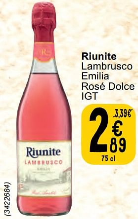 Promotions Riunite lambrusco emilia rosé dolce - Mousseux - Valide de 30/04/2024 à 06/05/2024 chez Cora