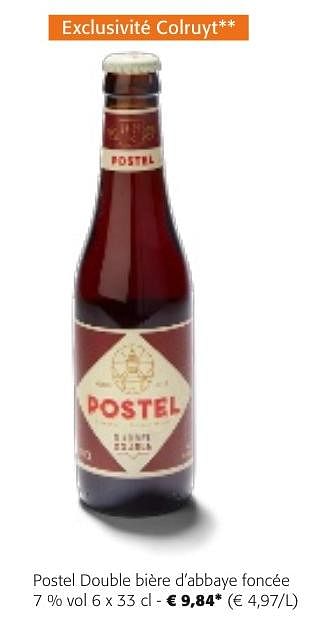 Promotions Postel double bière d’abbaye foncée - Postel - Valide de 24/04/2024 à 07/05/2024 chez Colruyt