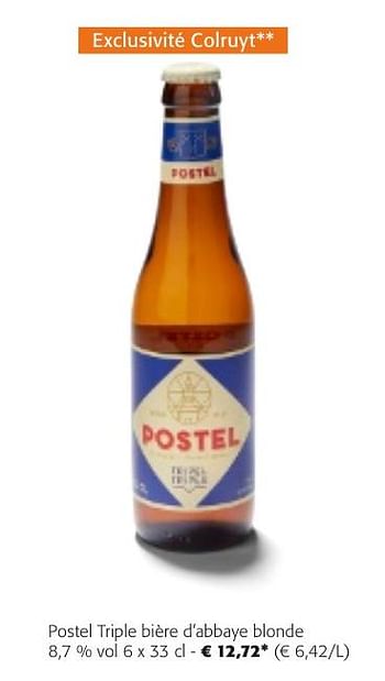 Promotions Postel triple bière d`abbaye blonde - Postel - Valide de 24/04/2024 à 07/05/2024 chez Colruyt