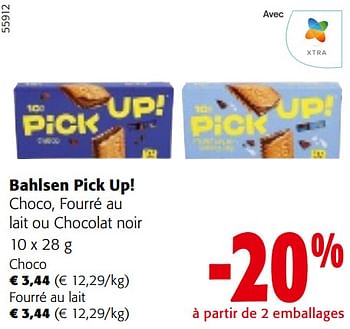 Promoties Bahlsen pick up! choco, fourré au lait ou chocolat noir - Bahlsen - Geldig van 24/04/2024 tot 07/05/2024 bij Colruyt