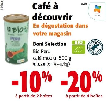 Promotions Boni selection bio peru café moulu - Boni - Valide de 24/04/2024 à 07/05/2024 chez Colruyt