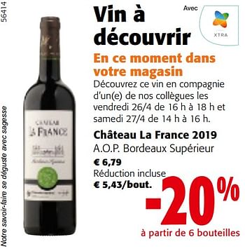 Promotions Château la france 2019 a.o.p. bordeaux supérieur - Vins rouges - Valide de 24/04/2024 à 07/05/2024 chez Colruyt