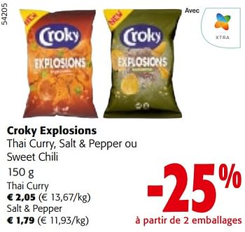 Promoties Croky explosions thai curry, salt + pepper ou sweet chili - Croky - Geldig van 24/04/2024 tot 07/05/2024 bij Colruyt