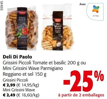 Promoties Deli di paolo grissini piccoli tomate et basilic ou mini grissini wave parmigiano reggiano et sel - Deli Di Paolo - Geldig van 24/04/2024 tot 07/05/2024 bij Colruyt
