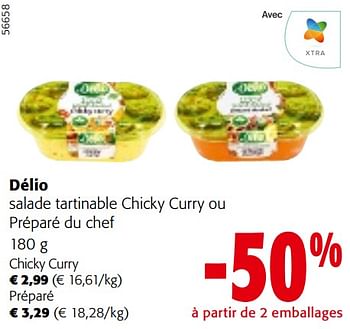 Promoties Délio salade tartinable chicky curry ou préparé du chef - Delio - Geldig van 24/04/2024 tot 07/05/2024 bij Colruyt