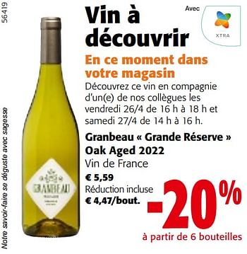 Promoties Granbeau grande réserve oak aged 2022 vin de france - Witte wijnen - Geldig van 24/04/2024 tot 07/05/2024 bij Colruyt
