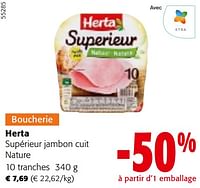 Promotions Herta supérieur jambon cuit nature - Herta - Valide de 24/04/2024 à 07/05/2024 chez Colruyt