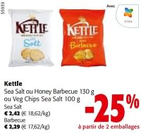 Promotions Kettle sea salt ou honey barbecue ou veg chips sea salt - Kettle - Valide de 24/04/2024 à 07/05/2024 chez Colruyt