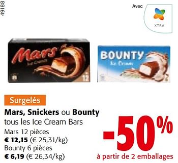 Promotions Mars, snickers ou bounty tous les ice cream bars - Produit maison - Colruyt - Valide de 24/04/2024 à 07/05/2024 chez Colruyt