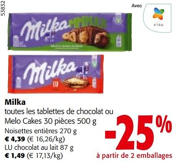 Promotions Milka toutes les tablettes de chocolat ou melo cakes - Milka - Valide de 24/04/2024 à 07/05/2024 chez Colruyt