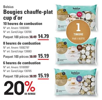 Promoties Bougies chauffe-plat cup d’or - Bolsius - Geldig van 25/04/2024 tot 13/05/2024 bij Sligro