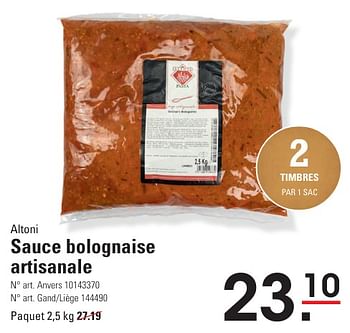 Promoties Sauce bolognaise artisanale - Altoni - Geldig van 25/04/2024 tot 13/05/2024 bij Sligro