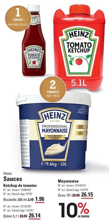 Promotions Sauces ketchup de tomates - Heinz - Valide de 25/04/2024 à 13/05/2024 chez Sligro