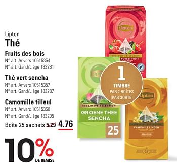 Promoties Thé fruits des bois thé vert sencha camomille tilleul - Lipton - Geldig van 25/04/2024 tot 13/05/2024 bij Sligro
