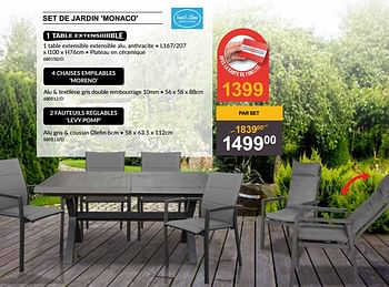 Promoties Set de jardin monaco 1 table extensible extensible alu + 4 chaises empilables moreno + 2 fauteuils reglables levy pomp - Sens-Line - Geldig van 25/04/2024 tot 19/05/2024 bij HandyHome