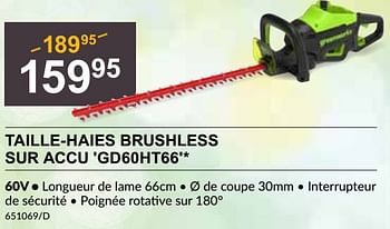 Promotions Greenworks taille-haies brushless sur accu gd60ht66 - Greenworks - Valide de 25/04/2024 à 19/05/2024 chez HandyHome