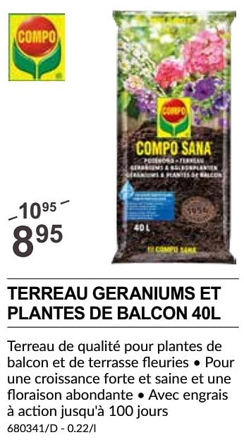 Promotions Terreau geraniums et plantes de balcon - Compo - Valide de 25/04/2024 à 19/05/2024 chez HandyHome