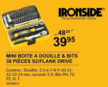 Promoties Mini boite a douille + bits 38 pièces s2 flank drive - Ironside - Geldig van 25/04/2024 tot 19/05/2024 bij HandyHome