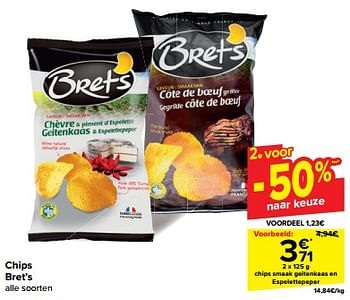Promotions Chips smaak geitenkaas en espelettepeper - Bret's - Valide de 30/04/2024 à 07/05/2024 chez Carrefour