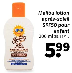 Promoties Malibu lotion après-soleil spf50 pour enfant - Malibu - Geldig van 25/04/2024 tot 09/05/2024 bij Wibra