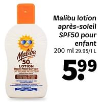 Promotions Malibu lotion après-soleil spf50 pour enfant - Malibu - Valide de 25/04/2024 à 09/05/2024 chez Wibra