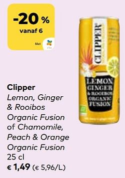 Clipper lemon, ginger + rooibos organic fusion of chamomile, peach + orange organic fusion