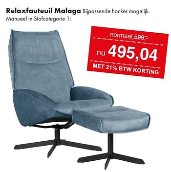Promoties Relaxfauteuil malaga - Huismerk - Woonsquare - Geldig van 29/04/2024 tot 04/05/2024 bij Woonsquare