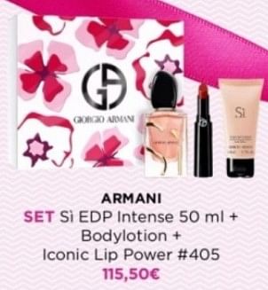 Promoties Armani set si edp intense + bodylotion + iconic lip power - Armani - Geldig van 29/04/2024 tot 05/05/2024 bij ICI PARIS XL