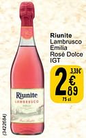 Promotions Riunite lambrusco emilia rosé dolce igt - Mousseux - Valide de 30/04/2024 à 06/05/2024 chez Cora