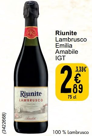 Promotions Riunite lambrusco emilia amabile - Mousseux - Valide de 30/04/2024 à 06/05/2024 chez Cora