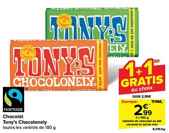 Promoties Tablette de chocolat au lait caramel et sel de mer - Tony's Chocolonely - Geldig van 30/04/2024 tot 07/05/2024 bij Carrefour