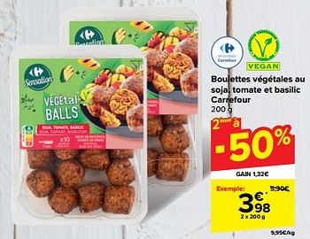 Promotions Boulettes végétales au soja, tomate et basilic carrefour - Produit maison - Carrefour  - Valide de 30/04/2024 à 06/05/2024 chez Carrefour