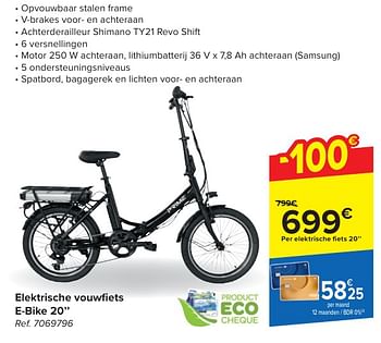 Promotions Elektrische vouwfiets e-bike 20`` - Produit maison - Carrefour  - Valide de 30/04/2024 à 13/05/2024 chez Carrefour