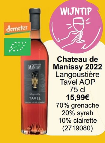 Promoties Chateau de manissy 2022 langoustière tavel aop - Rosé wijnen - Geldig van 01/05/2024 tot 31/05/2024 bij Cora