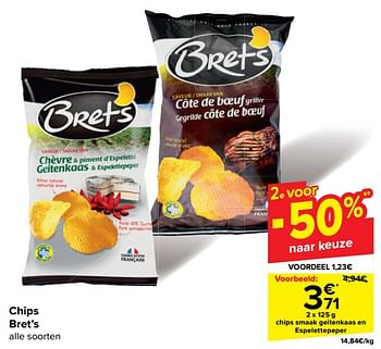 Promotions Chips smaak geitenkaas en espelettepeper - Bret's - Valide de 30/04/2024 à 13/05/2024 chez Carrefour