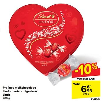 Promotions Pralines melkchocolade lindor hartvormige doos lindt - Lindt - Valide de 30/04/2024 à 13/05/2024 chez Carrefour