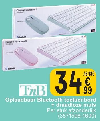 Promotions Oplaadbaar bluetooth toetsenbord + draadloze muis - TnB - Valide de 30/04/2024 à 13/05/2024 chez Cora