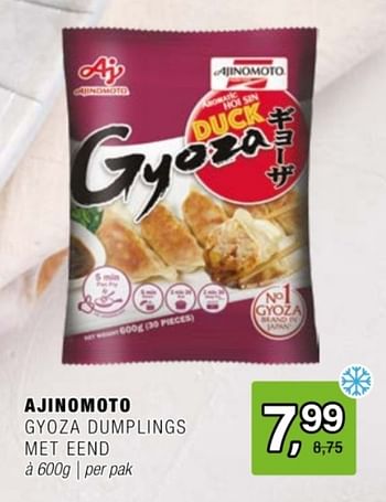 Promotions Ajinomoto gyoza dumplings met eend - Ajinomoto  - Valide de 24/04/2024 à 14/05/2024 chez Amazing Oriental