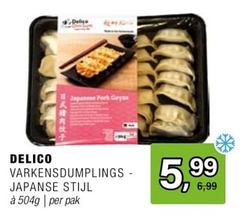 Promoties Delico varkensdumplings japanse stijl - Delico - Geldig van 24/04/2024 tot 14/05/2024 bij Amazing Oriental