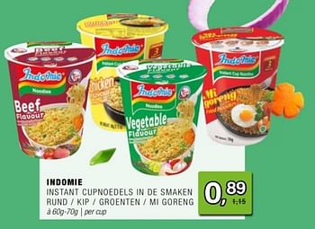 Promoties Indomie instant cupnoedels in de smaken rund kip groenten mi goreng - Indomie  - Geldig van 24/04/2024 tot 14/05/2024 bij Amazing Oriental