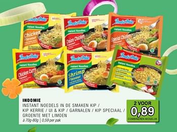 Promotions Indomie instant noedels in de smaken kip kip kerrie ui + kip garnalen kip speciaal groente met limoen - Indomie  - Valide de 24/04/2024 à 14/05/2024 chez Amazing Oriental