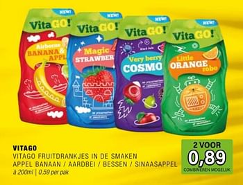 Promoties Vitago fruitdrankjes in de smaken appel banaan aardbei bessen sinaasappel - Vitago! - Geldig van 24/04/2024 tot 14/05/2024 bij Amazing Oriental