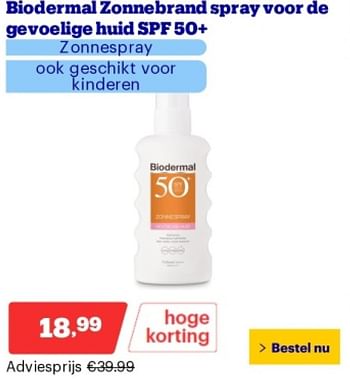Promoties Biodermal zonnebrand spray voor de gevoelige huid spf 50+ - Biodermal - Geldig van 29/04/2024 tot 05/05/2024 bij Bol.com