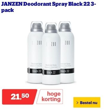 Promoties Janzen deodorant spray black 22 - Huismerk - Bol.com - Geldig van 29/04/2024 tot 05/05/2024 bij Bol.com